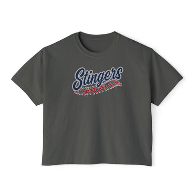 Women's Stingers Softball Stitches Graphic Boxy Crop Short Sleeve Tee