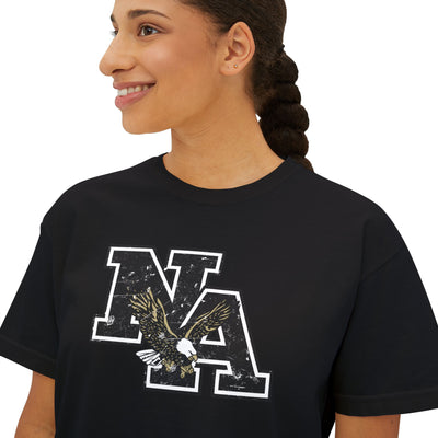 Women's Vintage Distressed Black Logo Boxy Crop Short Sleeve Graphic Tee