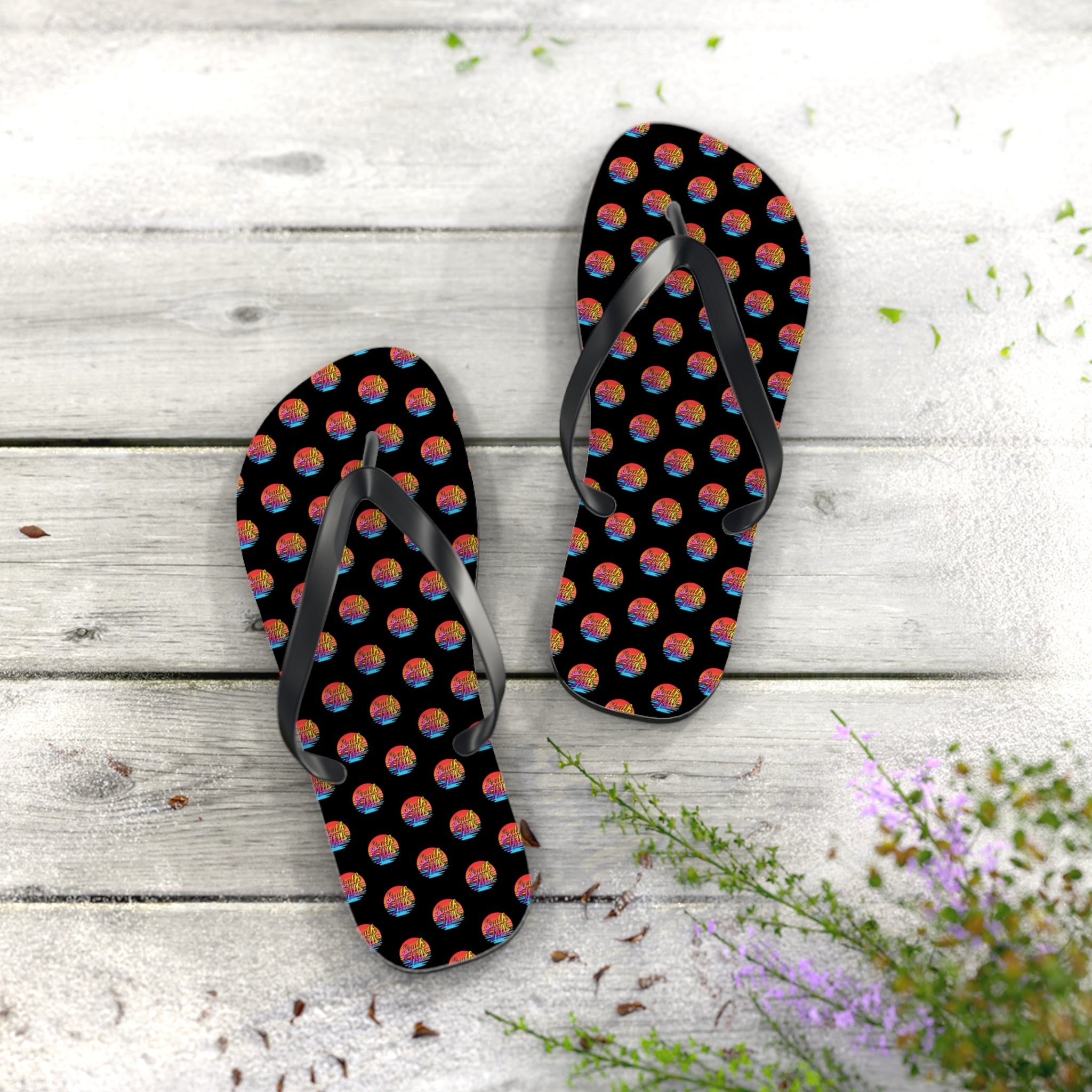 South Hills Swim Club Sunset Script Graphic Print Flip Flops