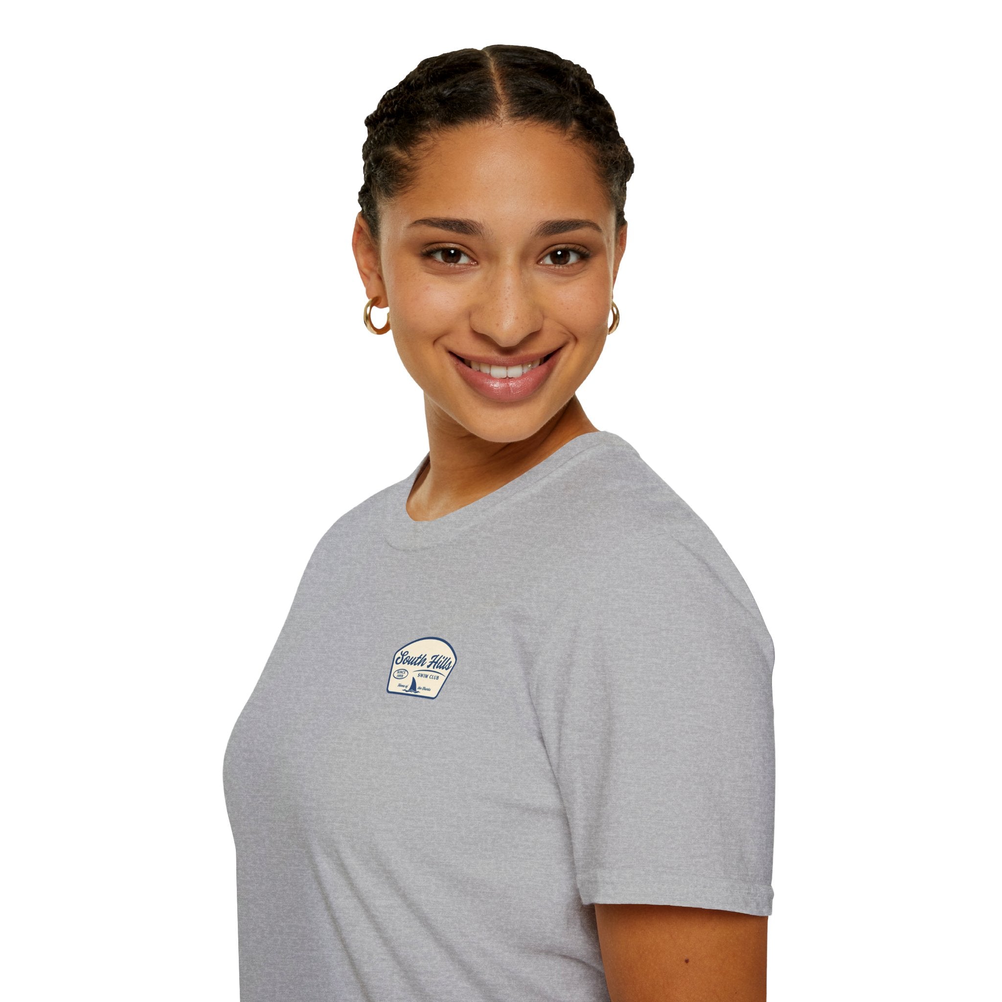 Adult Unisex South Hills Swim Club Home of the Sharks Graphic Short Sleeve Gildan Softstyle Tee