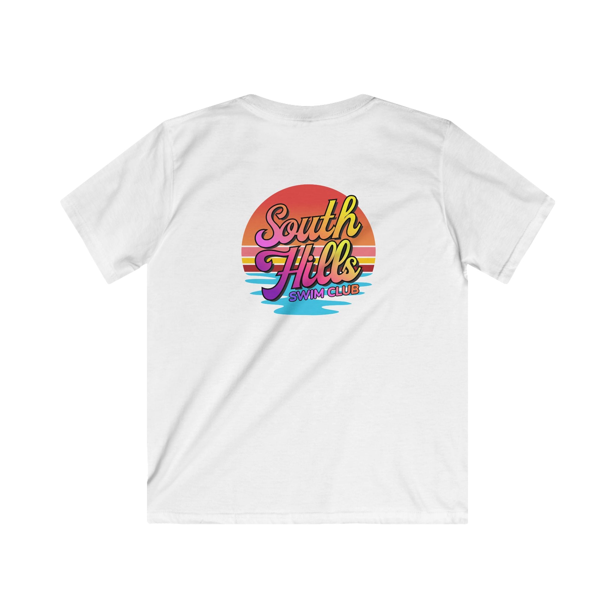 Youth South Hills Swim Club Sunset Script Graphic Short Sleeve Gildan Softstyle Tee