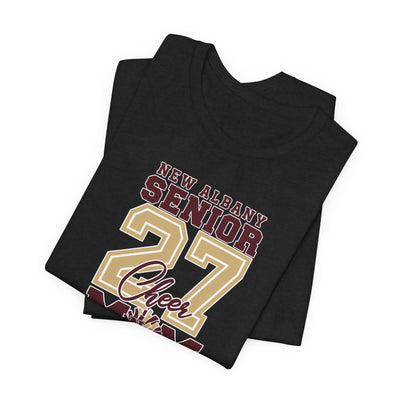 Adult Unisex New Albany 2027 Senior Cheer Mom Graphic Short Sleeve Bella + Canvas Soft Tee