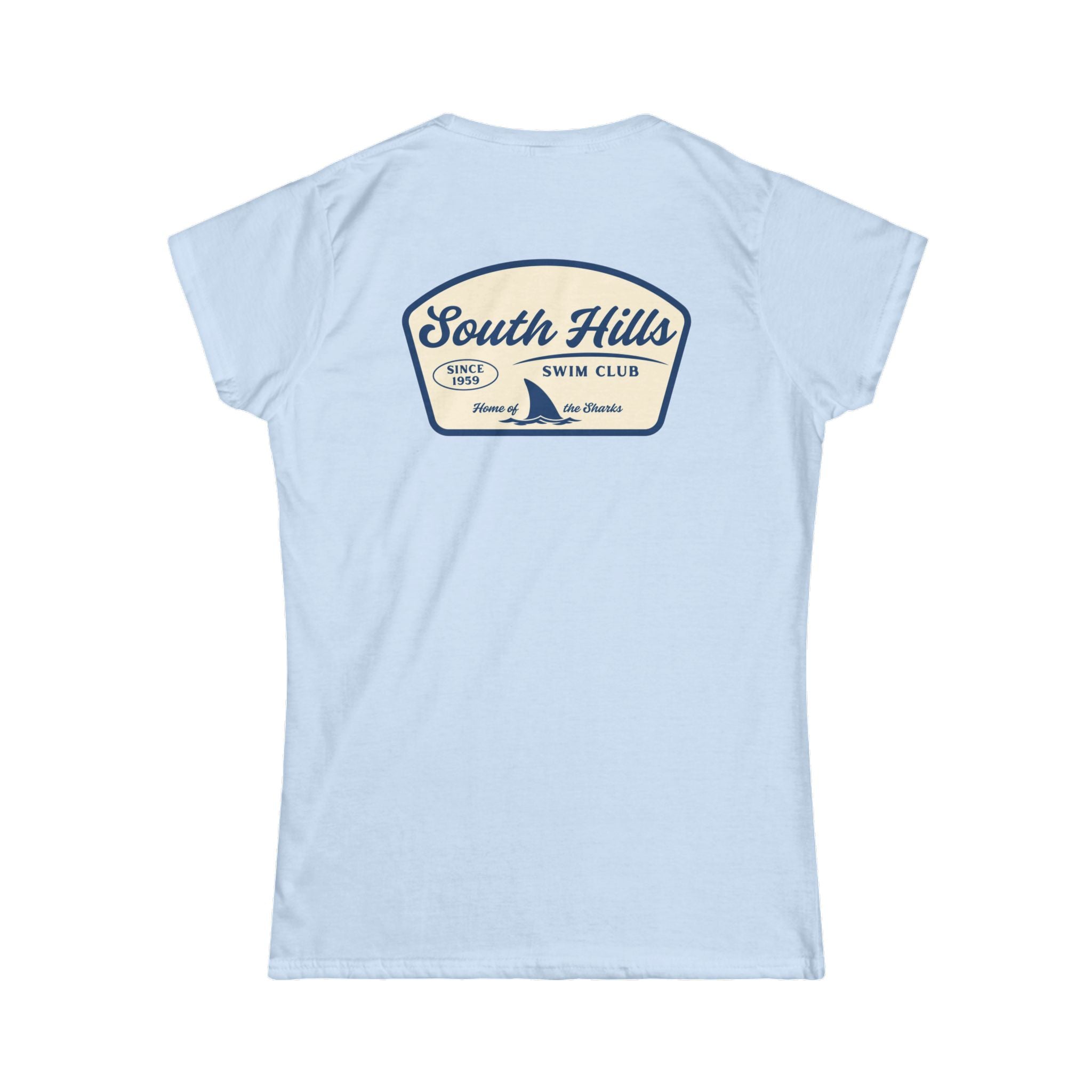 Women's South Hiils Swim Club Home of the Sharks Graphic Short Sleeve Gildan Softstyle Tee