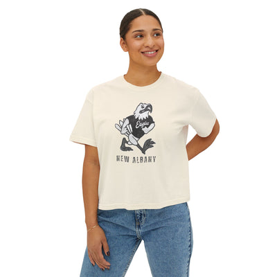 Women's New Albany Black and White Vintage Fighting Eagle Graphic Boxy Crop Short Sleeve Tee