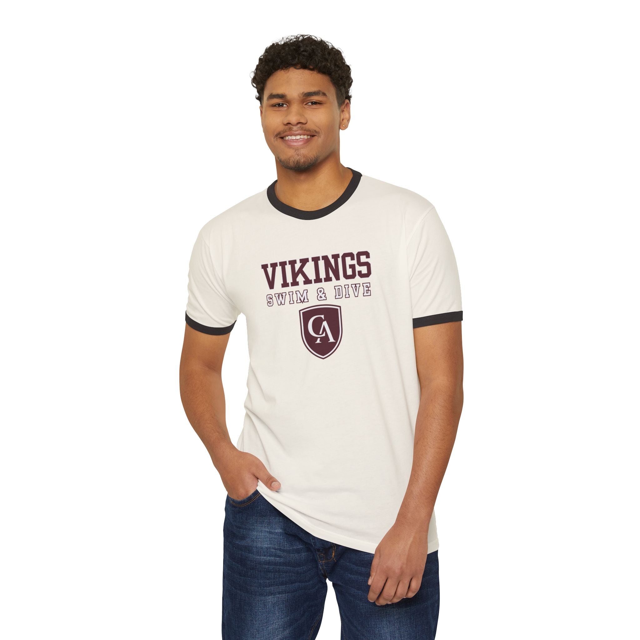 Adult Unisex Columbus Academy Vikings Swim & Dive Graphic Short Sleeve Ringer Tee