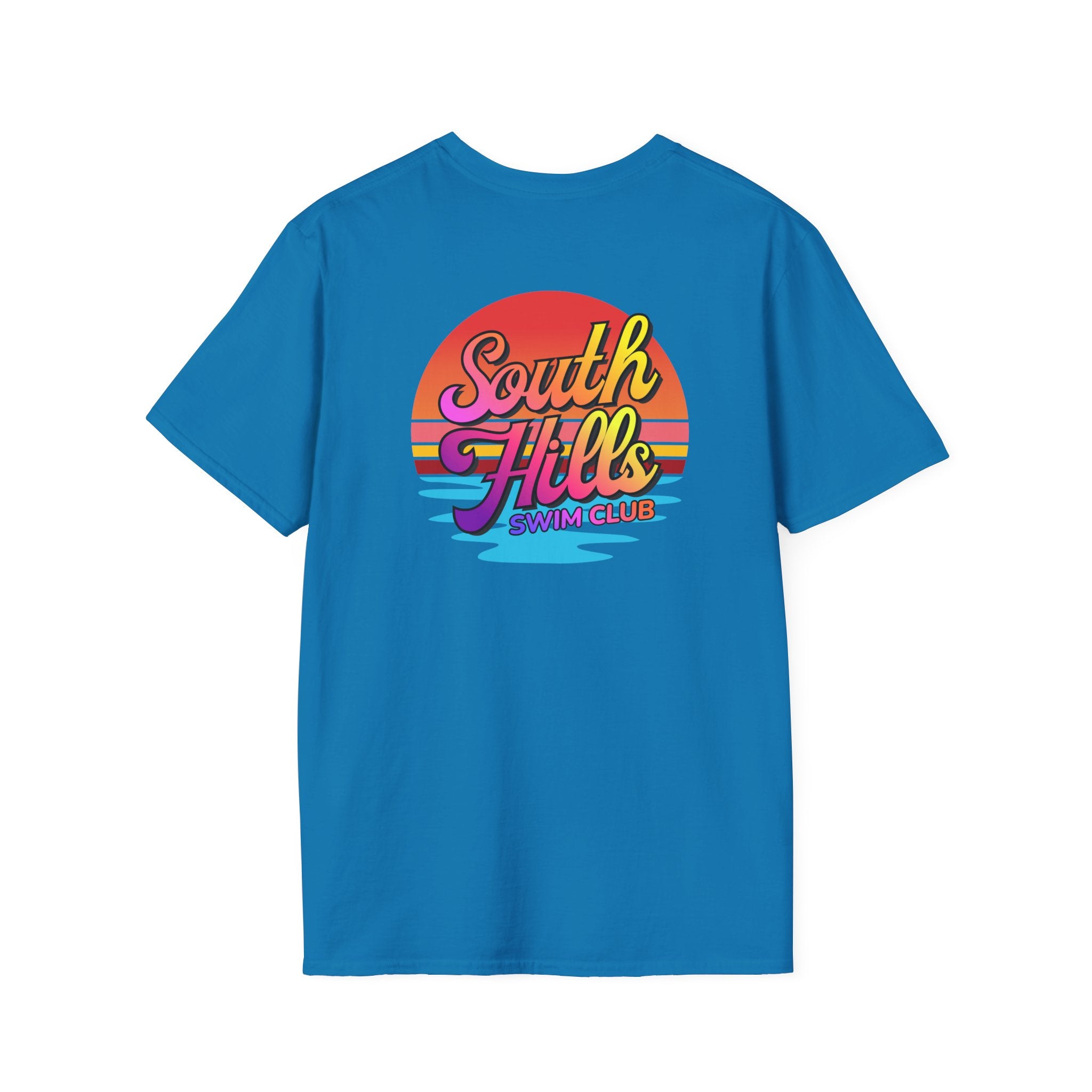 Adult Unisex South Hills Swim Club Sunset Script Graphic Short Sleeve Gildan Softstyle Tee