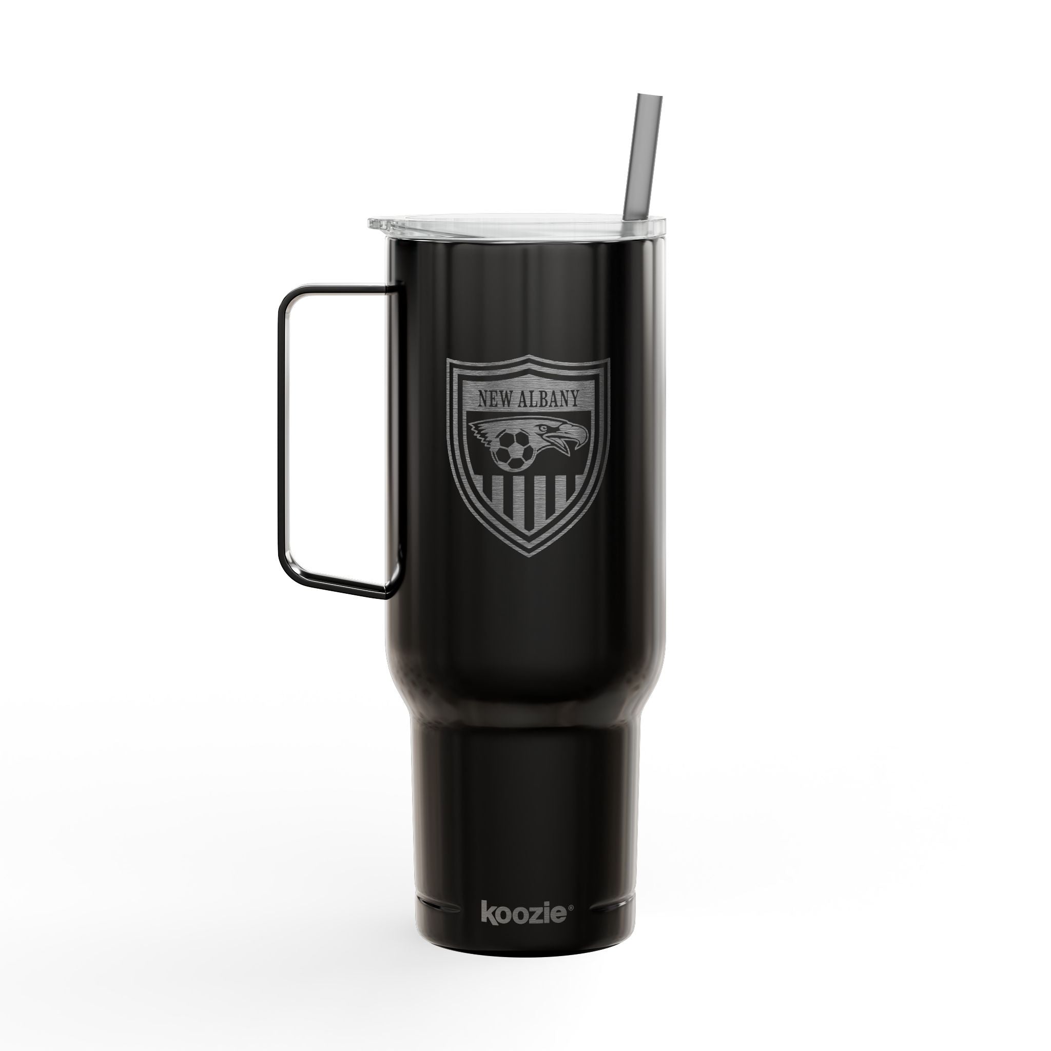 New Albany Youth Soccer League Crest Engraved Koozie Brand Insulated Tumbler with Lid