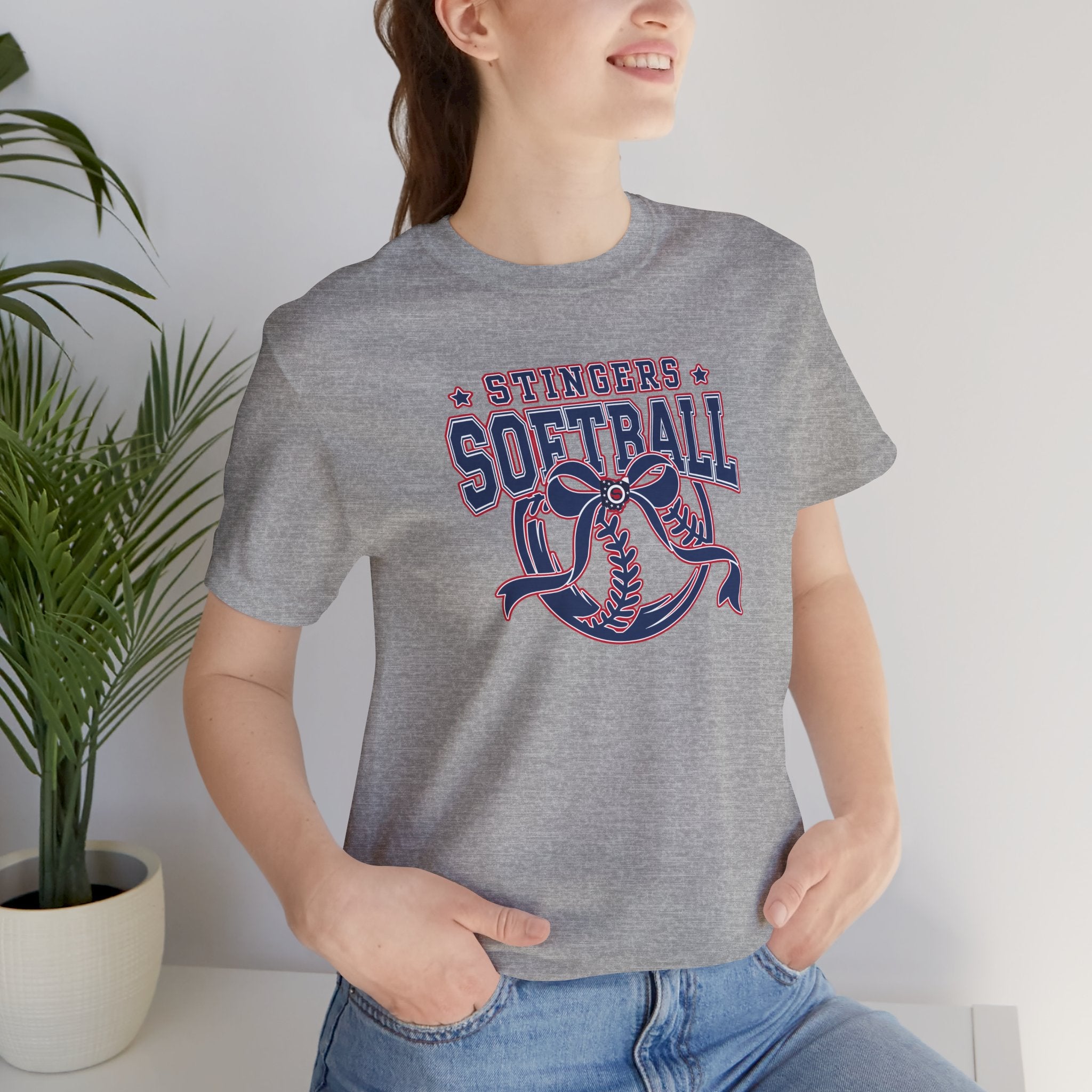 Adult Unisex Stingers Softball Spirit Bow Graphic Short Sleeve Bella + Canvas Soft Tee