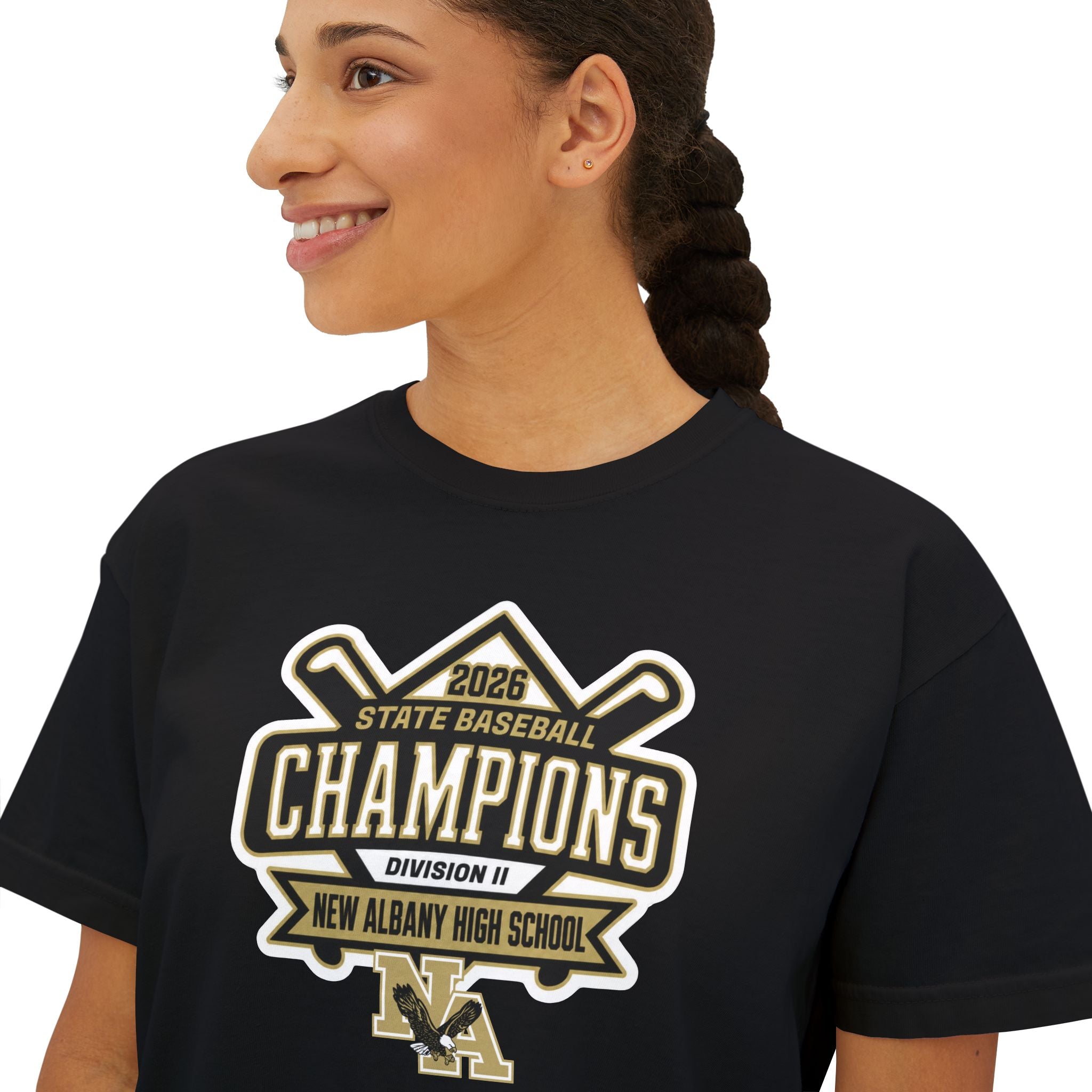 Women's NAHS Baseball Official 2026 STATE CHAMPION Boxy Crop Short Sleeve Tee