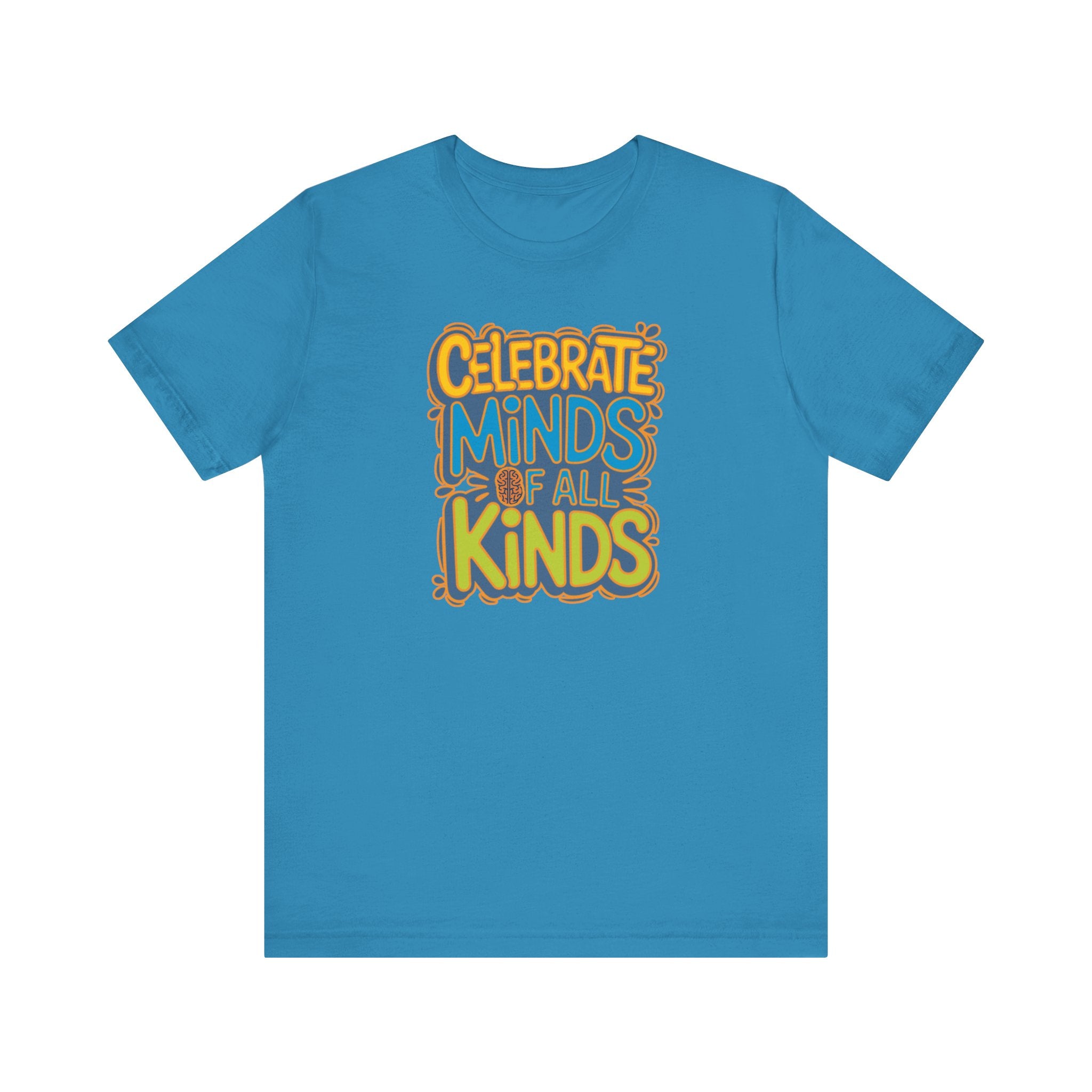 Adult Unisex Celebrate Minds Bubble Font Graphic Short Sleeve Soft Tee - Bridgeway Academy