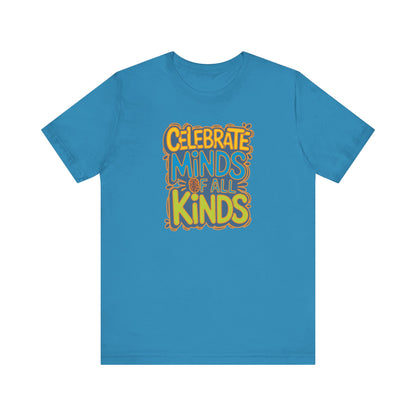 Adult Unisex Celebrate Minds Bubble Font Graphic Short Sleeve Soft Tee - Bridgeway Academy