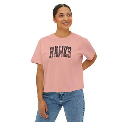 Women's Westerville Central Distressed Oversized Hawks Graphic Boxy Crop Short Sleeve Tee