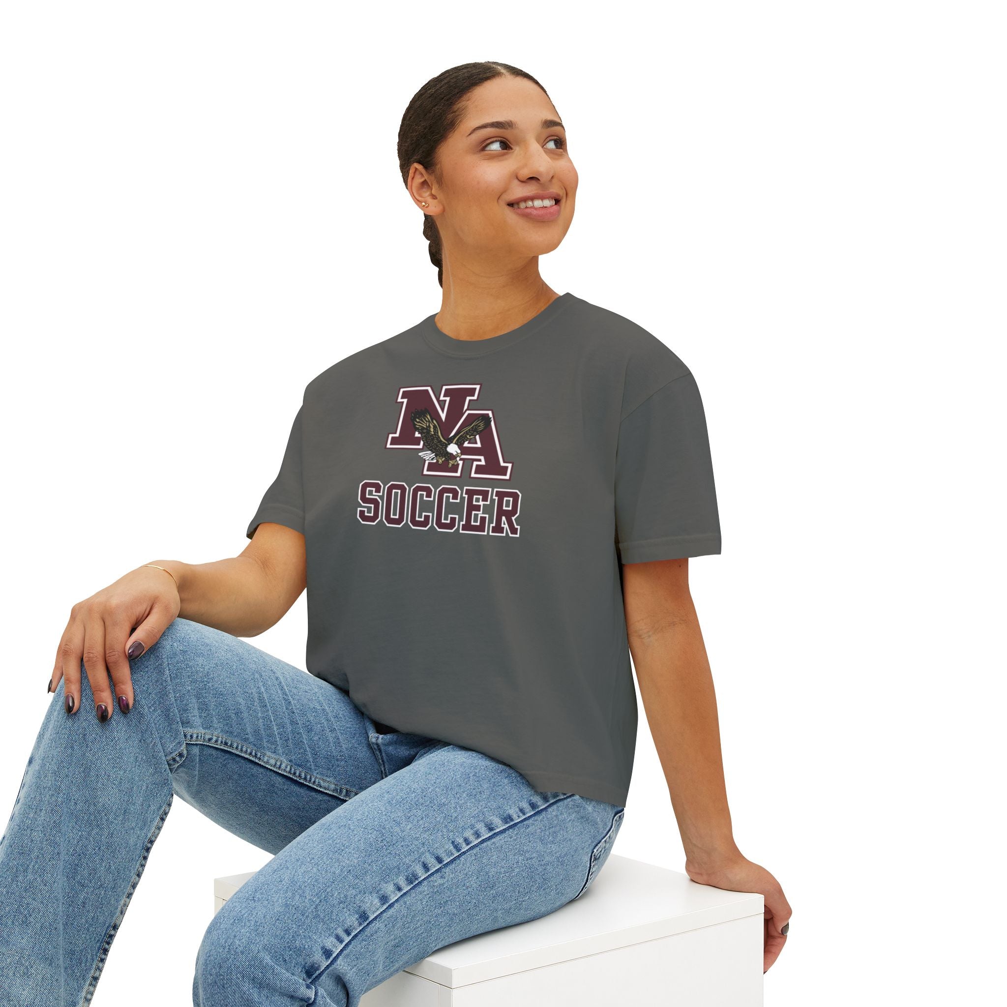 Women's New Albany Classic Maroon Soccer Logo Graphic Boxy Crop Short Sleeve Tee