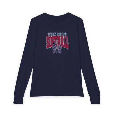 Youth Stingers Softball Stitched Bow Graphic Bella + Canvas Long Sleeve Soft Tee