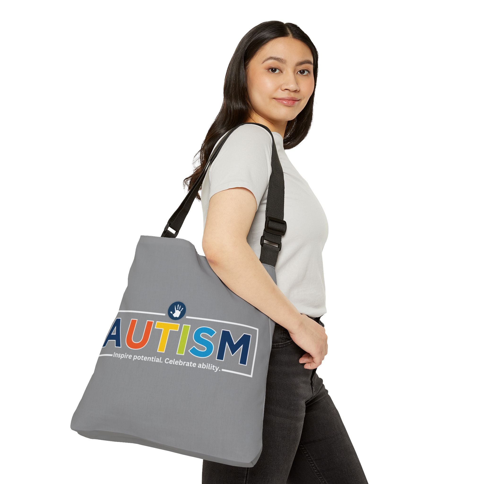 "Autism Inspire Potential Celebrate Ability" Bridgeway Graphic Adjustable Tote Bag