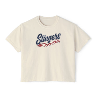 Women's Stingers Softball Stitches Graphic Boxy Crop Short Sleeve Tee