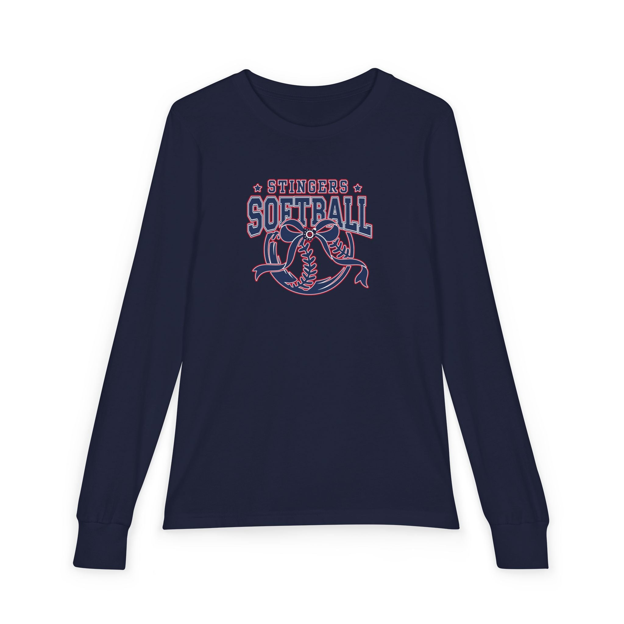 Youth Stingers Softball Spirit Bow Graphic Bella + Canvas Long Sleeve Soft Tee