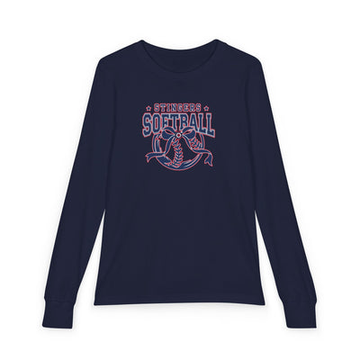 Youth Stingers Softball Spirit Bow Graphic Bella + Canvas Long Sleeve Soft Tee