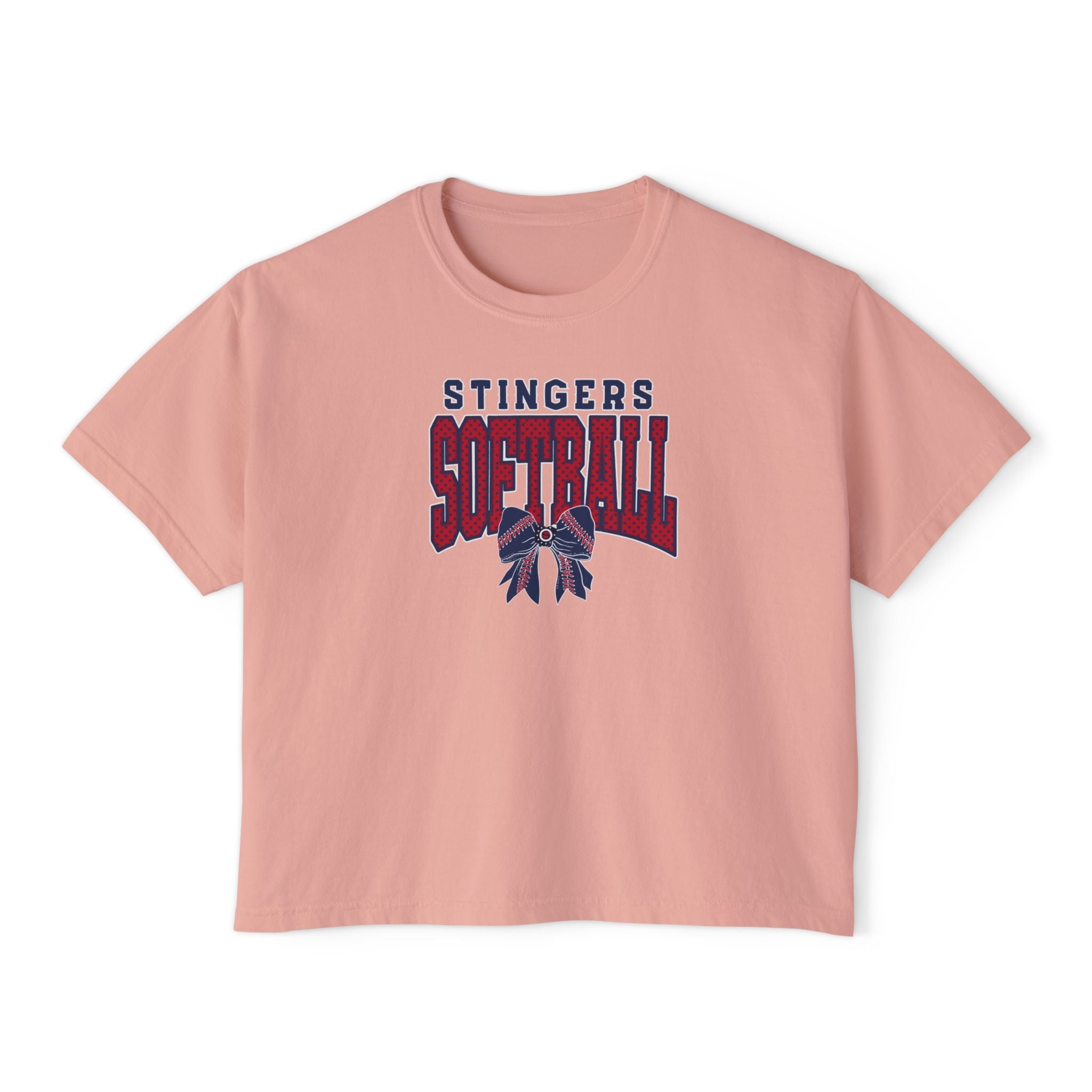 Women's Stingers Softball Stitched Bow Graphic Boxy Crop Short Sleeve Tee