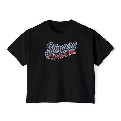 Women's Stingers Softball Stitches Graphic Boxy Crop Short Sleeve Tee
