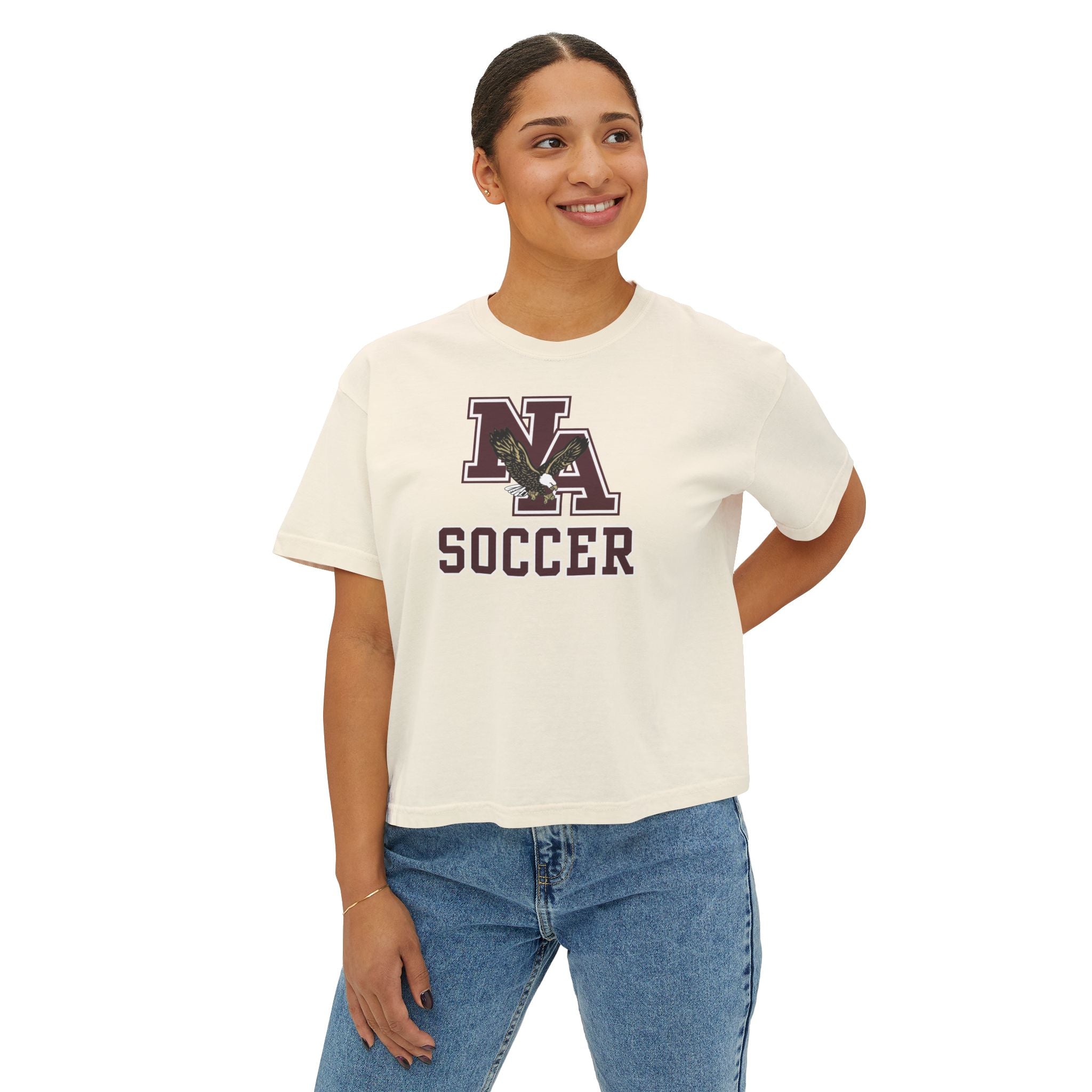 Women's New Albany Classic Maroon Soccer Logo Graphic Boxy Crop Short Sleeve Tee
