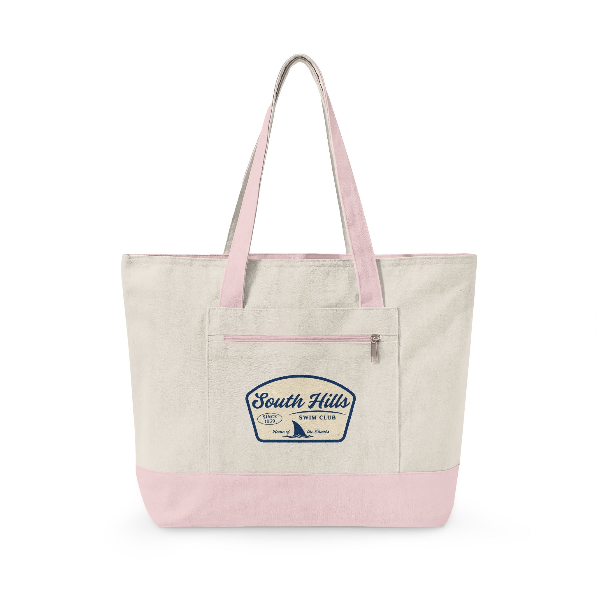 South Hills Swim Club Home of the Sharks Graphic Large Zippered Canvas Tote