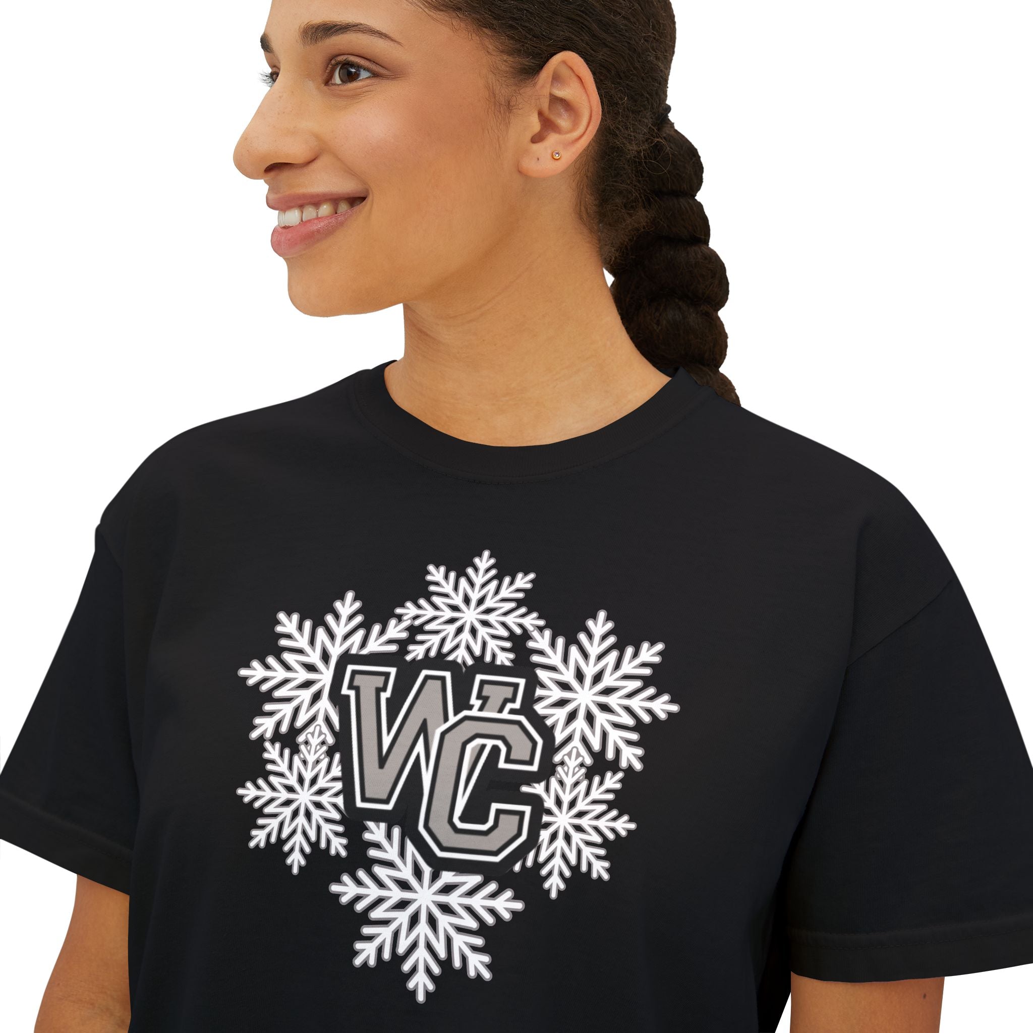 Women's Westerville Central Spirited Snowflake Graphic Boxy Crop Short Sleeve Tee