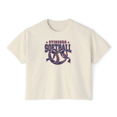 Women's Stingers Softball Spirit Bow Graphic Boxy Crop Short Sleeve Tee