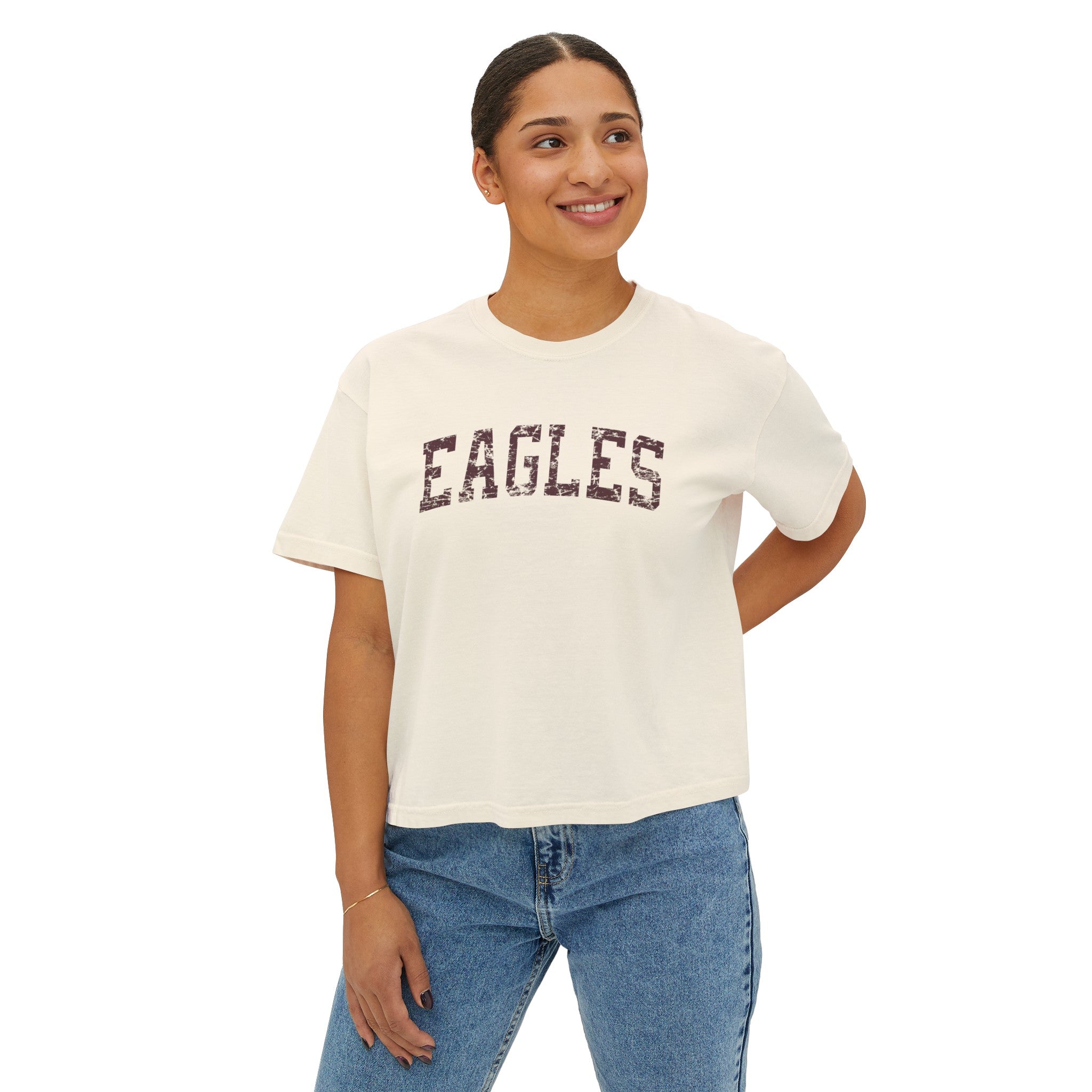 Women's Vintage Distressed Eagles Boxy Crop Short Sleeve Graphic Tee