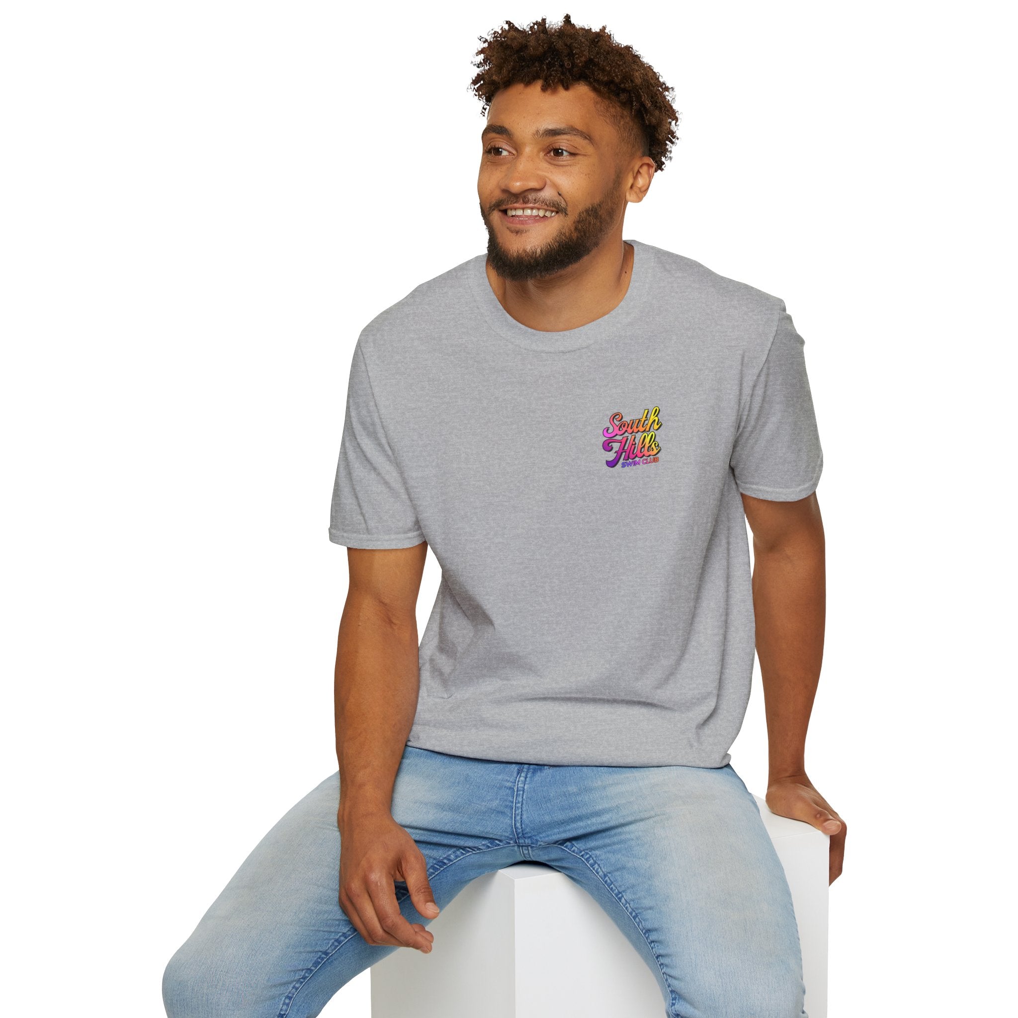 Adult Unisex South Hills Swim Club Sunset Script Graphic Short Sleeve Gildan Softstyle Tee