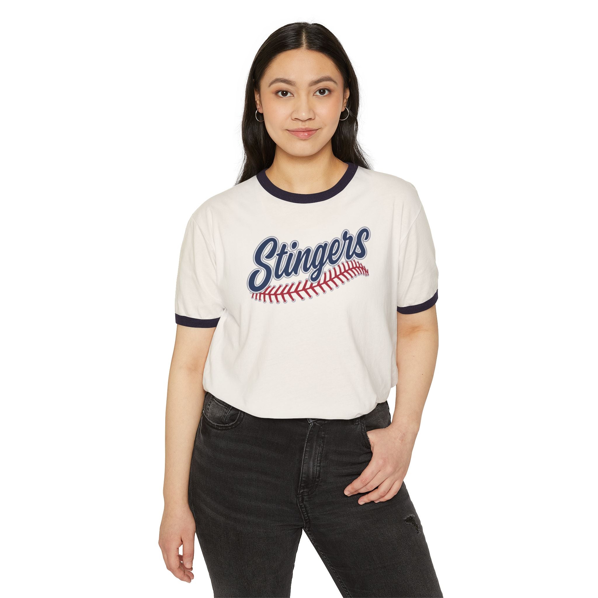 Adult Unisex Stingers Softball Stitches Graphic Short Sleeve Ringer Tee
