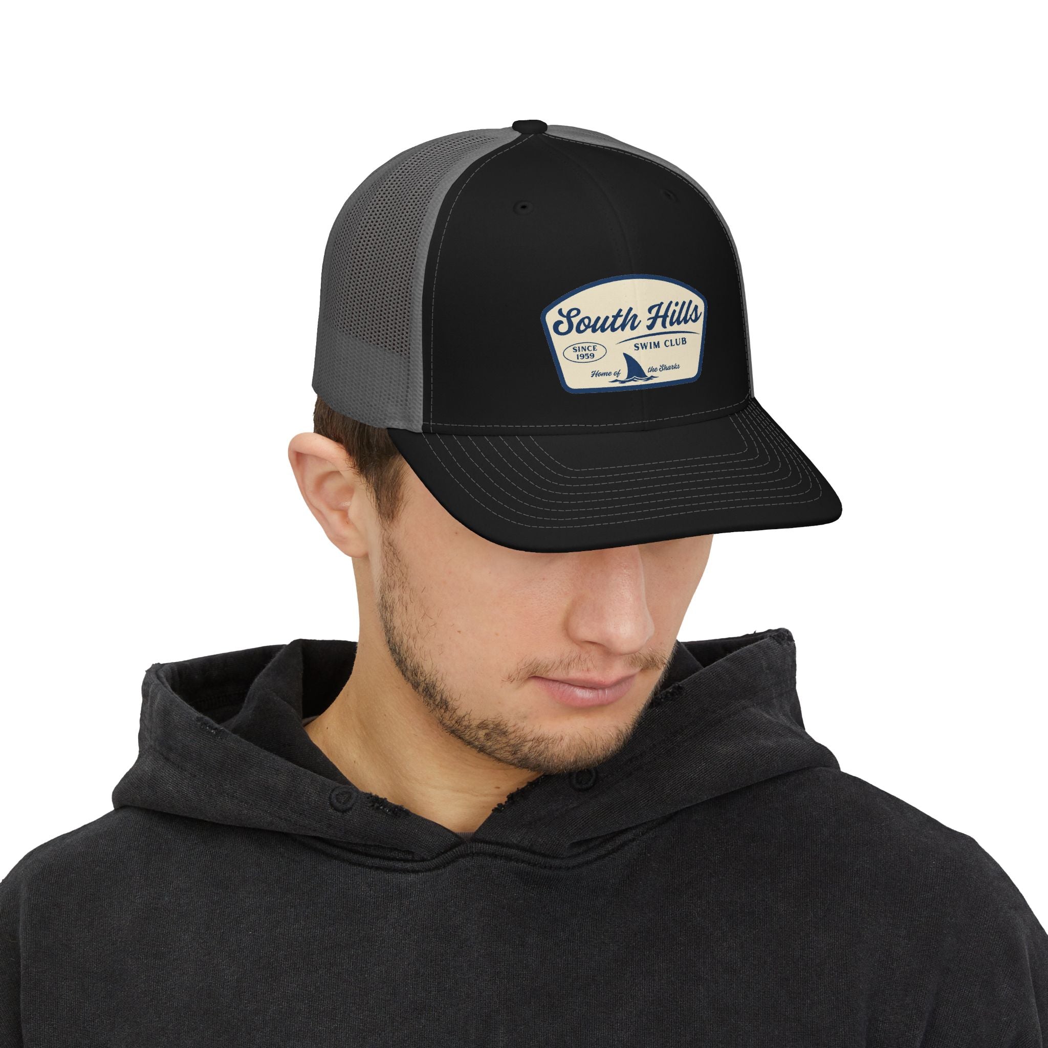 Adult Unisex South Hills Swim Club Home of the Sharks Graphic Richardson 112 Snapback Trucker Hat