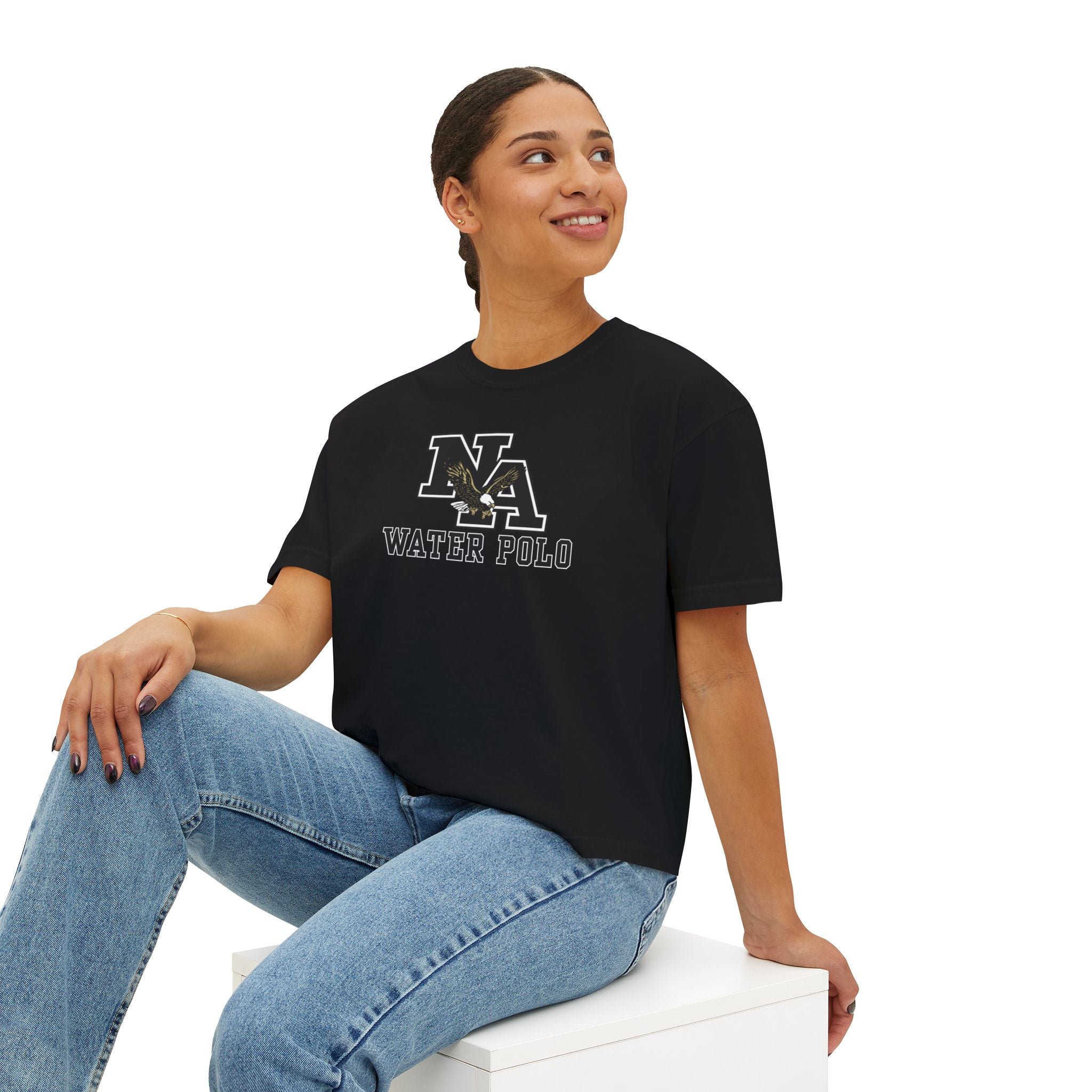 Women's New Albany Water Polo Classic Black Logo Graphic Boxy Crop Short Sleeve Tee