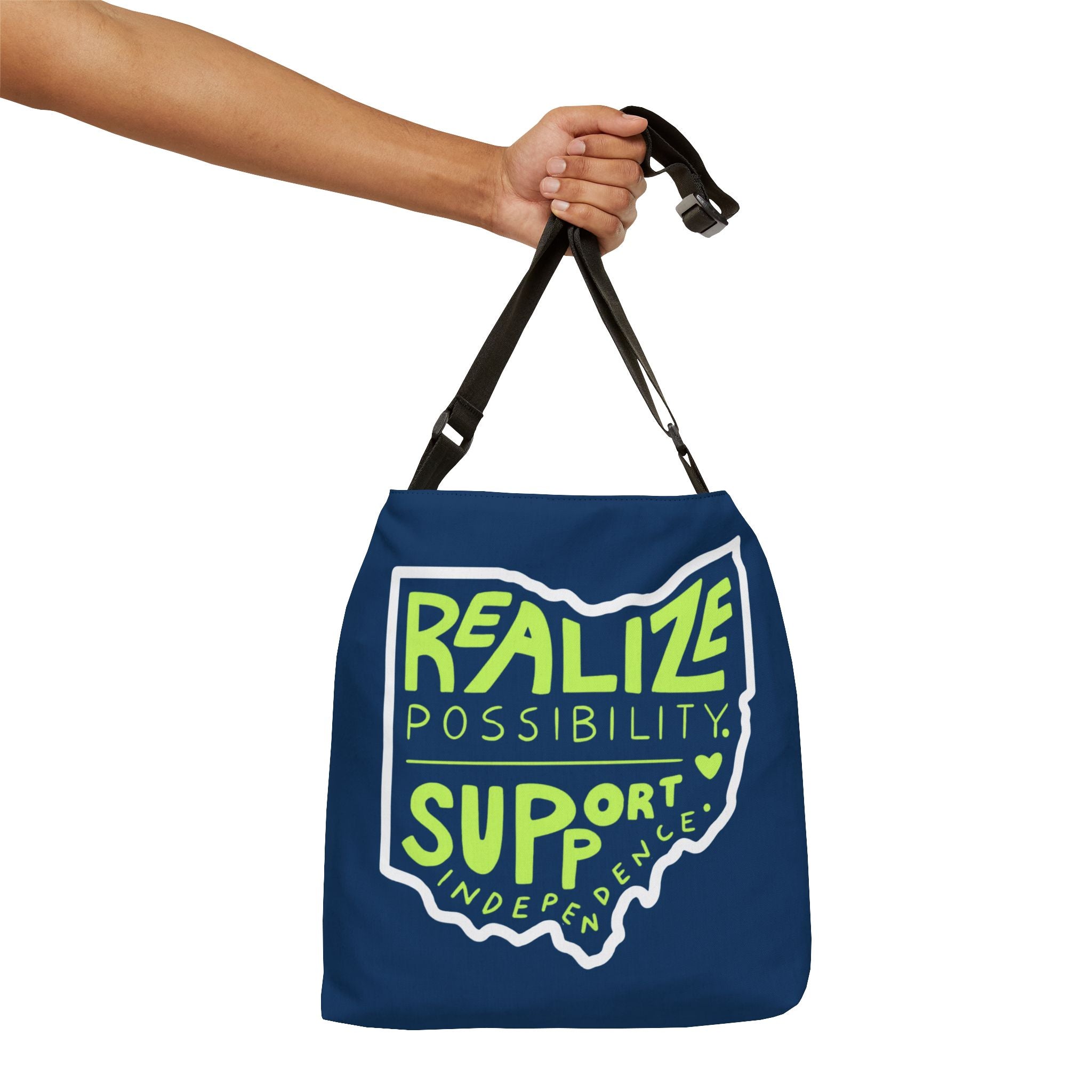 "Realize Possibilities Support Independence" Bridgeway Graphic Adjustable Tote Bag