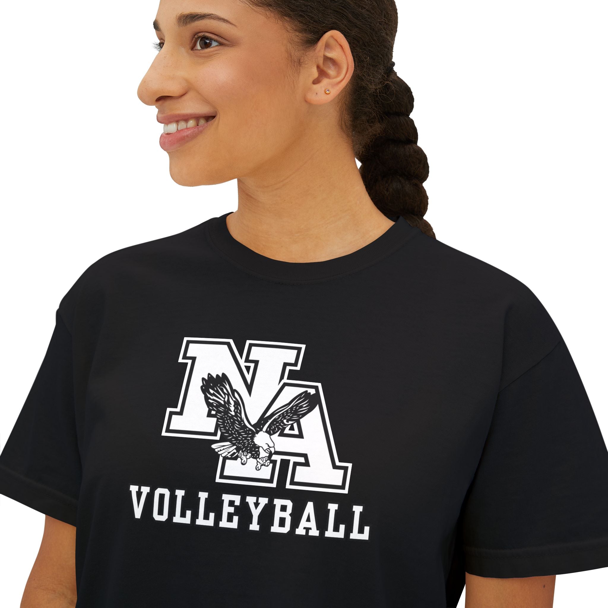 Women's New Albany Volleyball Classic White and Black Logo Graphic Boxy Crop Short Sleeve Tee