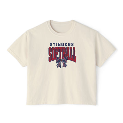 Women's Stingers Softball Stitched Bow Graphic Boxy Crop Short Sleeve Tee