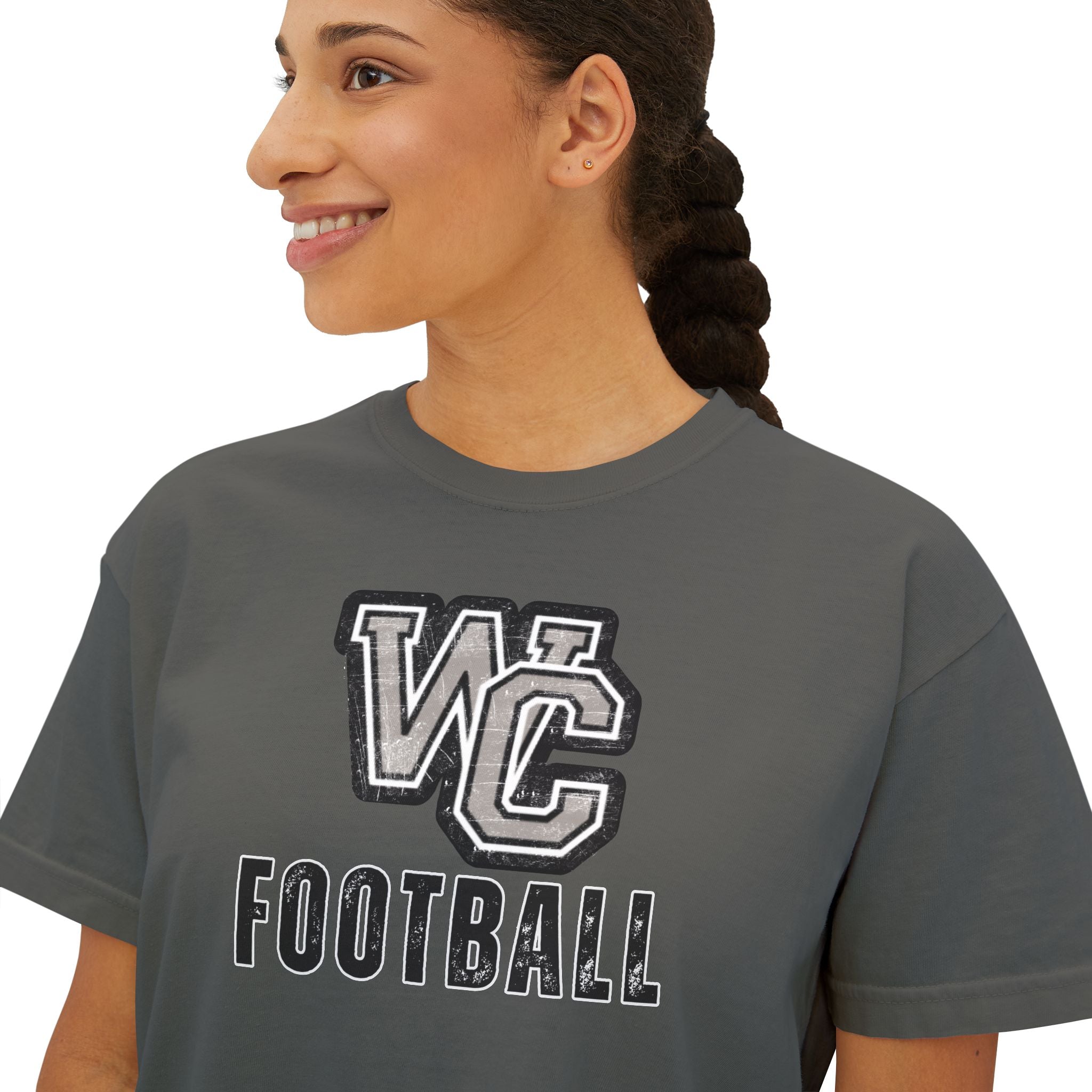 Women's Vintage Distressed Westerville Central Football Graphic Boxy Crop Short Sleeve Tee