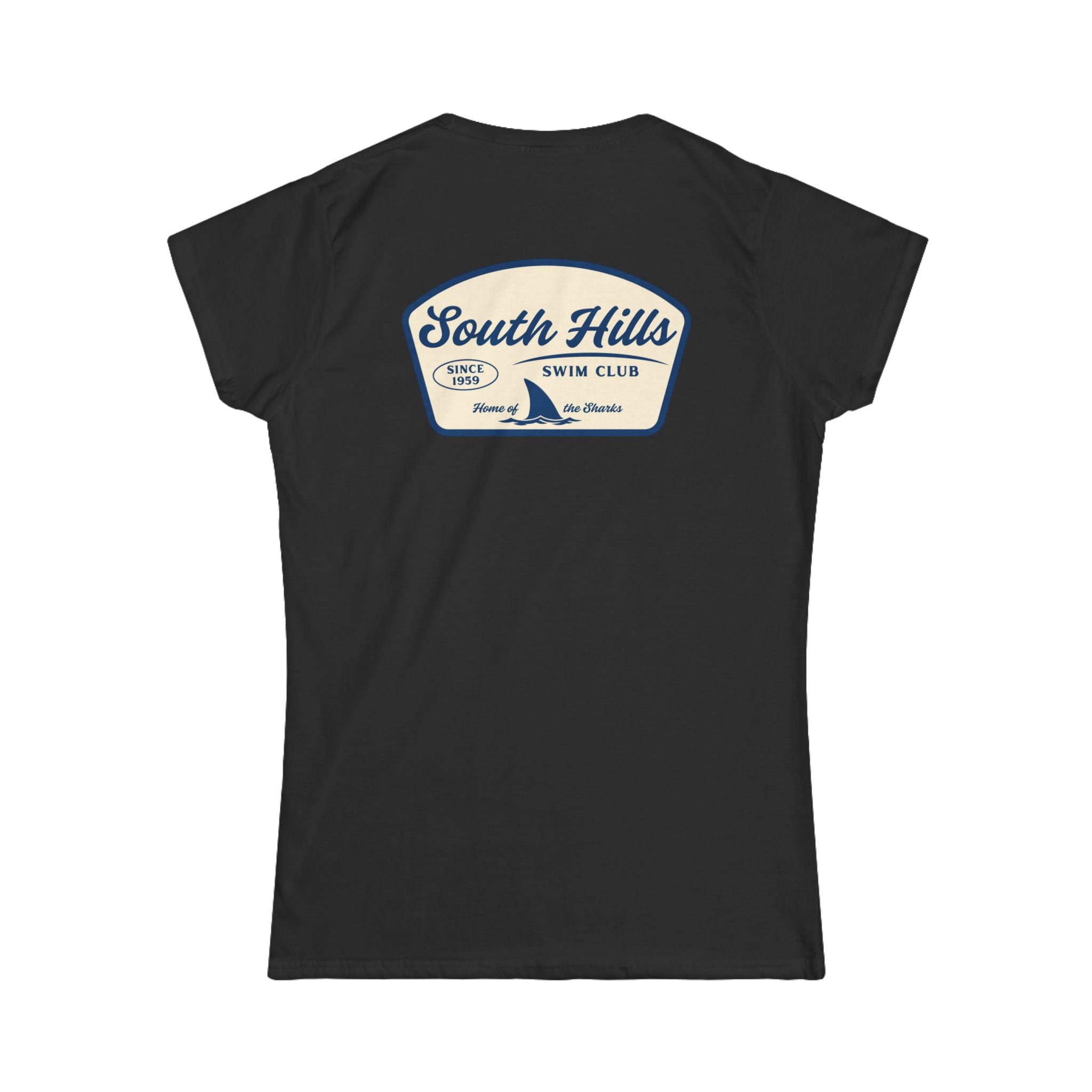 Women's South Hiils Swim Club Home of the Sharks Graphic Short Sleeve Gildan Softstyle Tee
