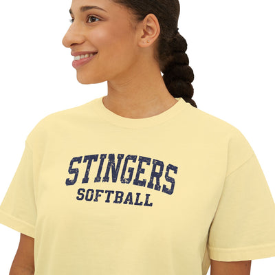 Women's Stingers Softball Vintage Distressed Graphic Boxy Crop Short Sleeve Tee