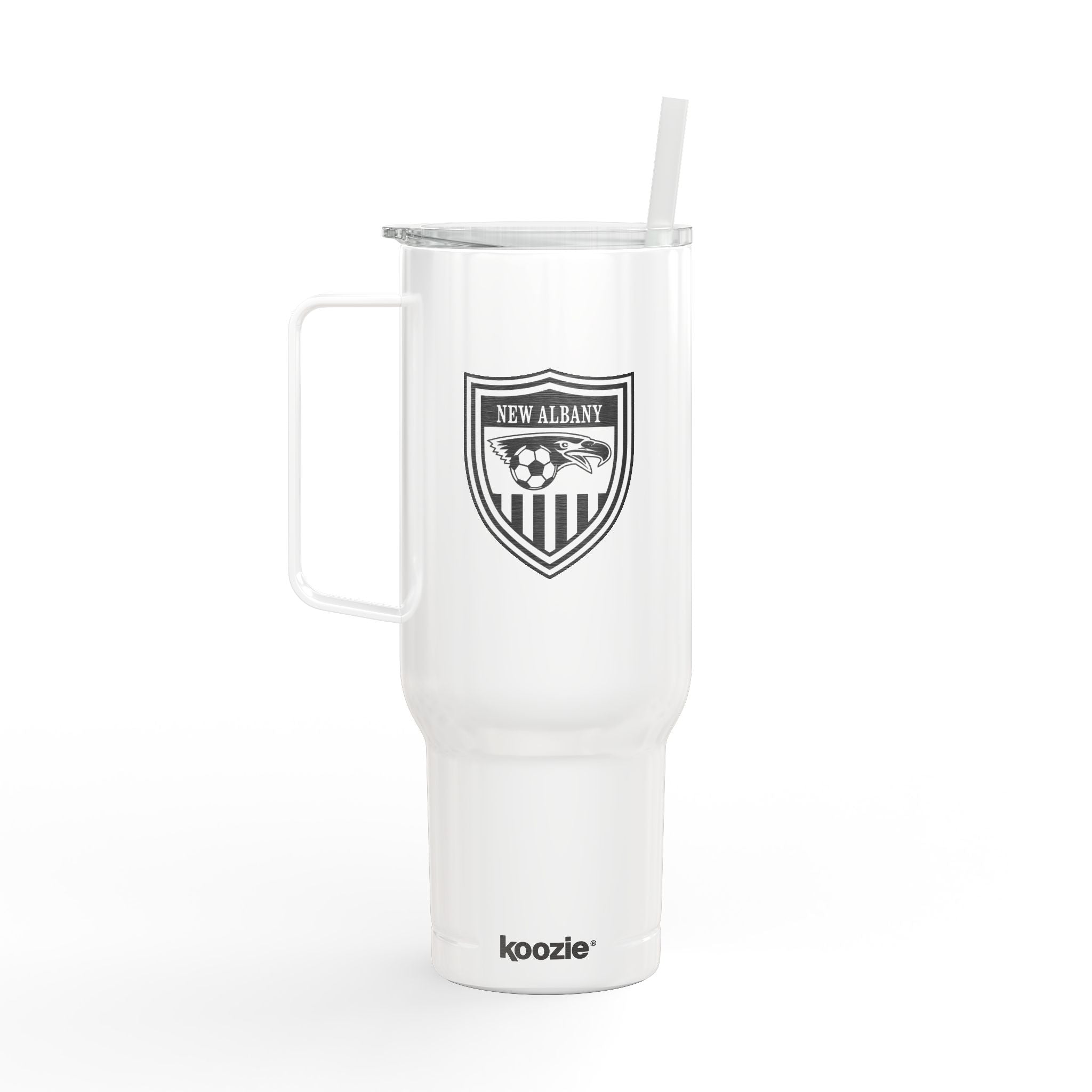 New Albany Youth Soccer League Crest Engraved Koozie Brand Insulated Tumbler with Lid