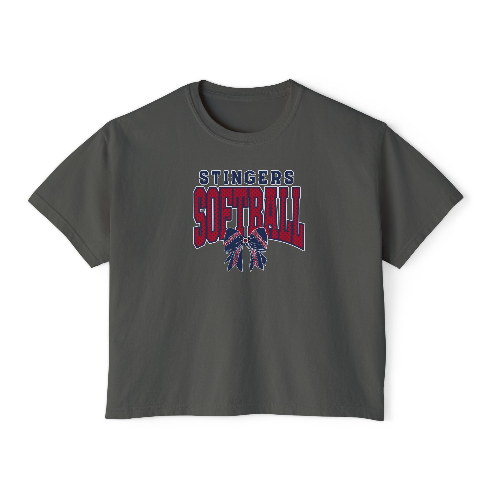 Women's Stingers Softball Stitched Bow Graphic Boxy Crop Short Sleeve Tee