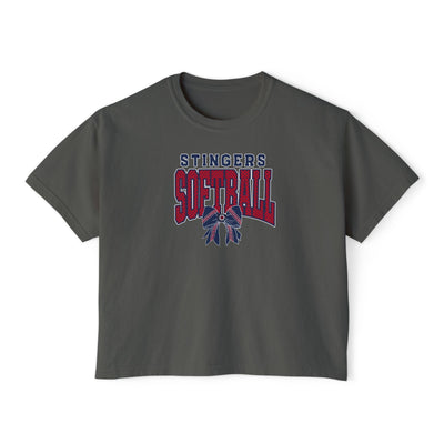Women's Stingers Softball Stitched Bow Graphic Boxy Crop Short Sleeve Tee