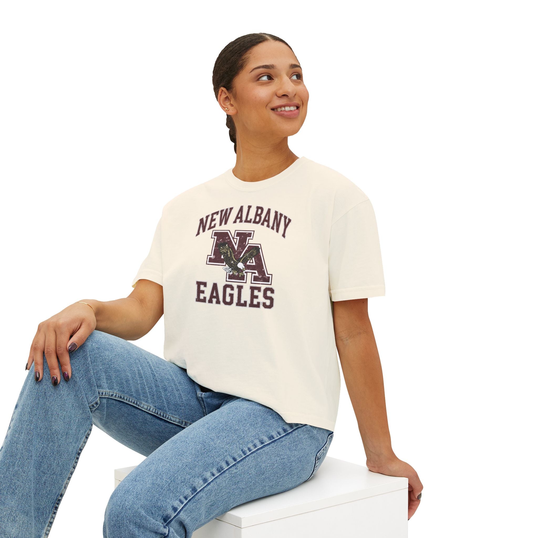 Women's New Albany Vintage Vibes Football Logo Graphic Boxy Crop Short Sleeve Tee