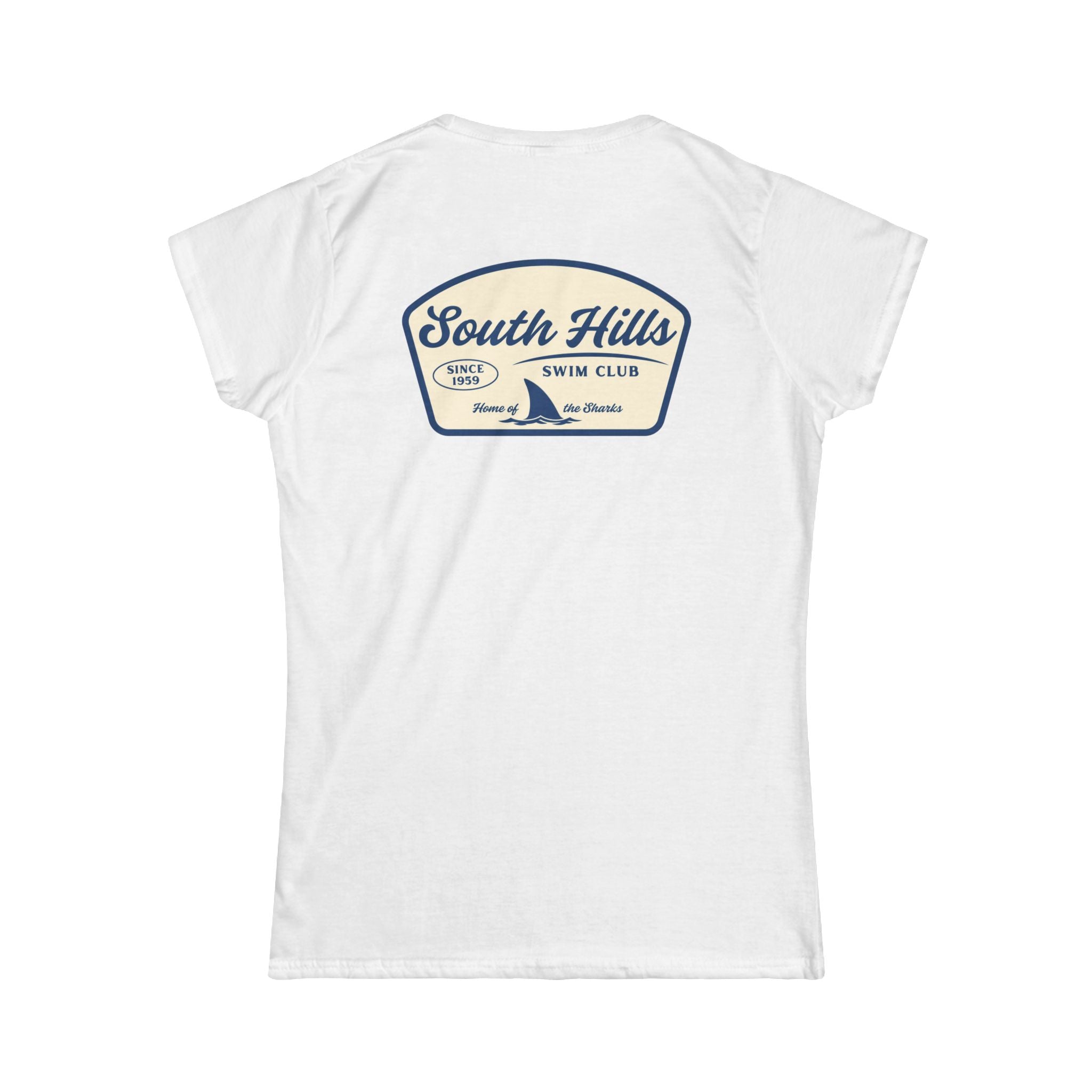 Women's South Hiils Swim Club Home of the Sharks Graphic Short Sleeve Gildan Softstyle Tee