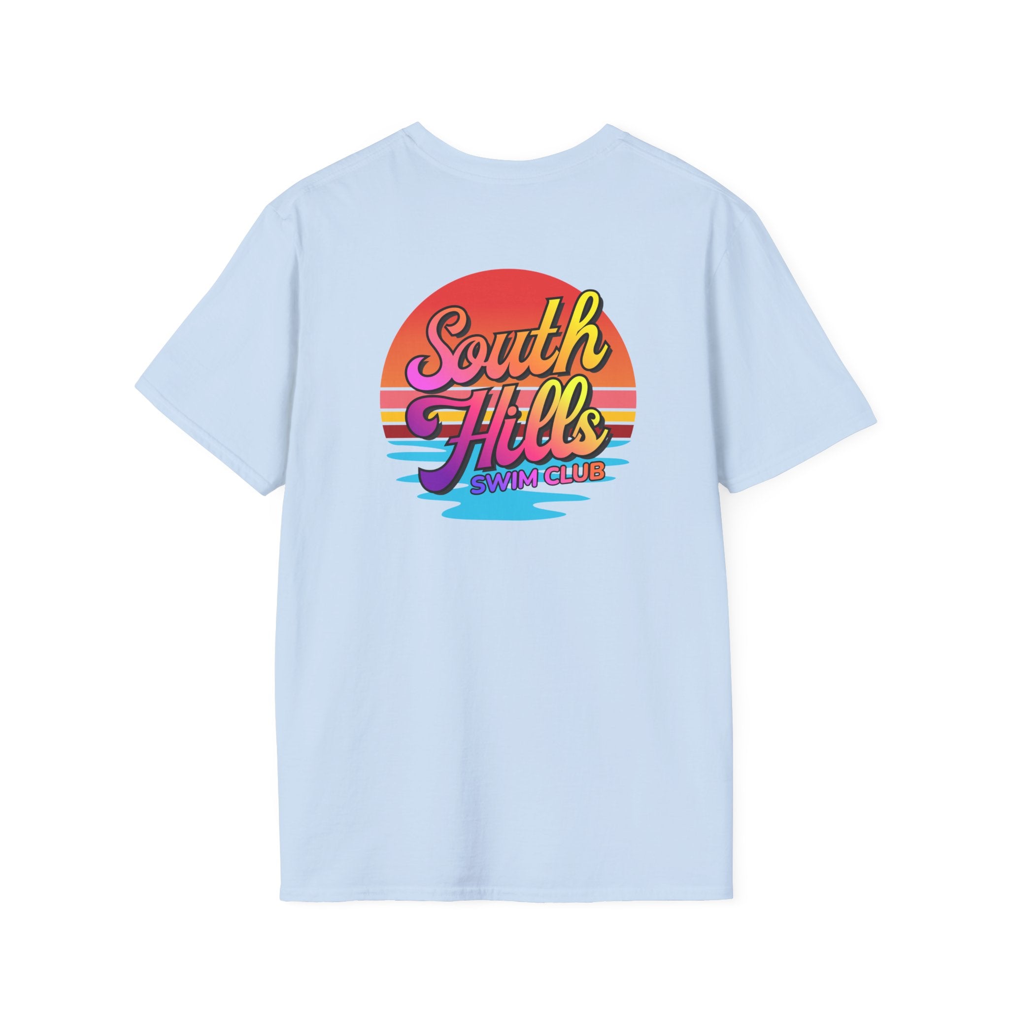 Adult Unisex South Hills Swim Club Sunset Script Graphic Short Sleeve Gildan Softstyle Tee
