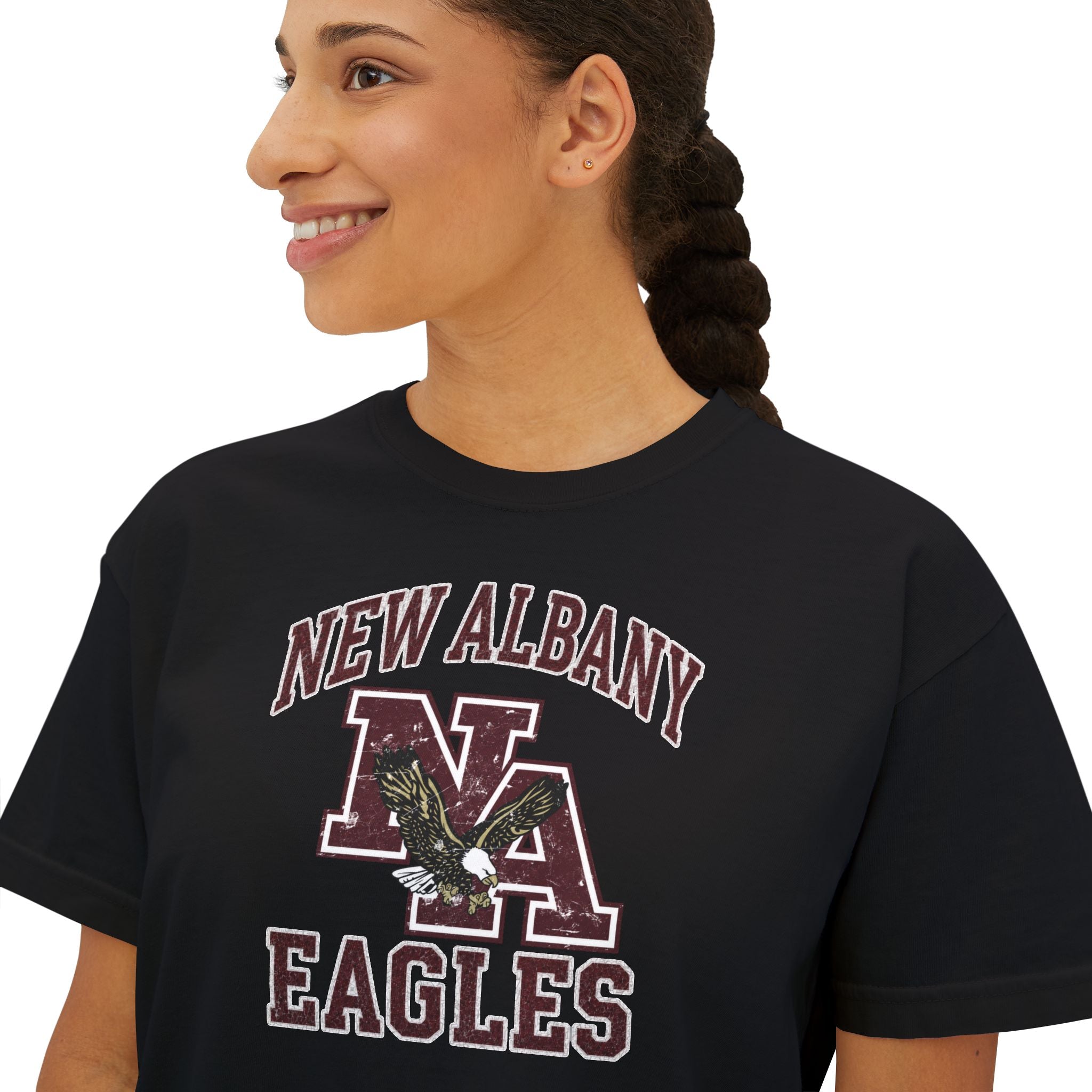 Women's New Albany Vintage Vibes Football Logo Graphic Boxy Crop Short Sleeve Tee