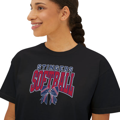 Women's Stingers Softball Stitched Bow Graphic Boxy Crop Short Sleeve Tee