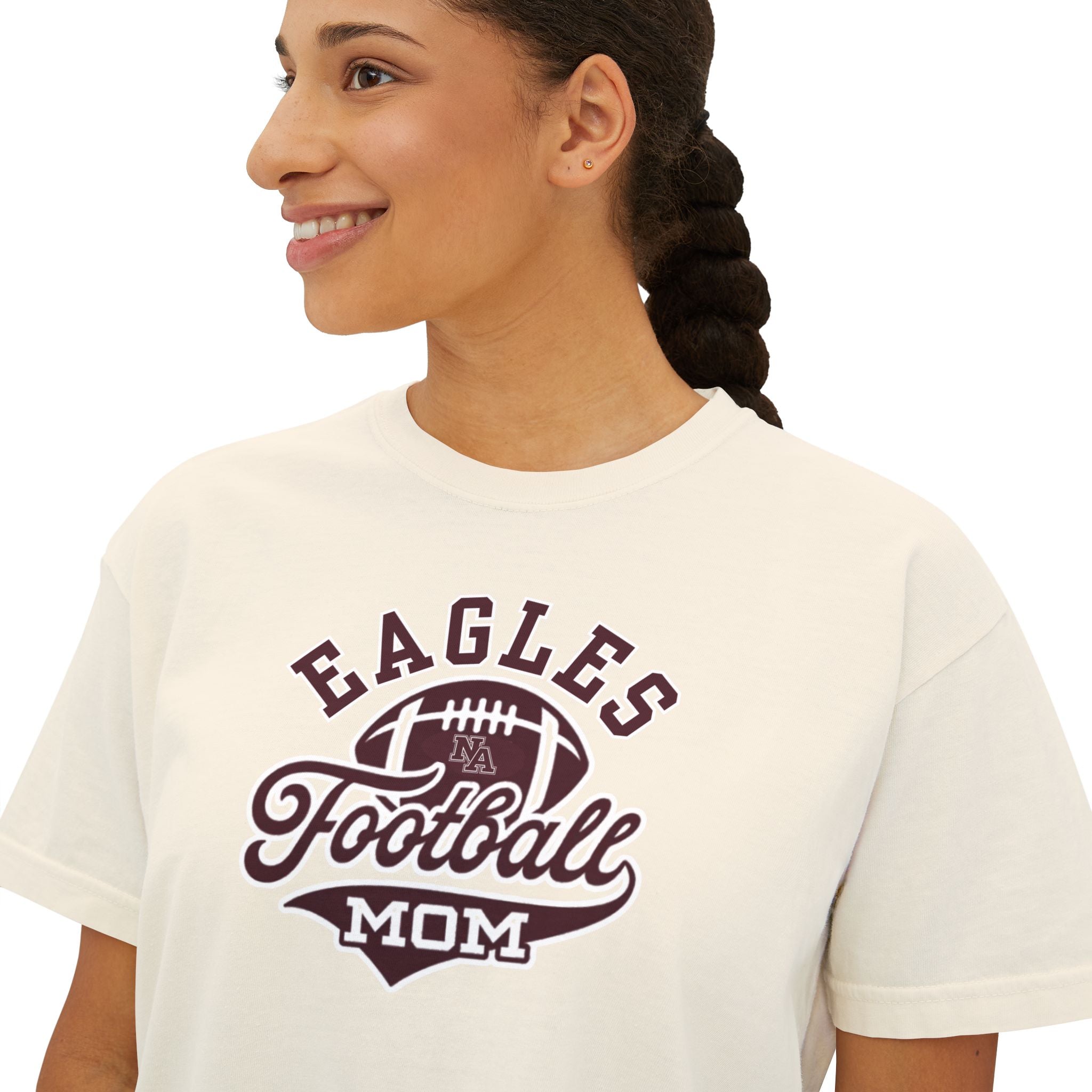 Women's Eagles Spirit Script Football Mom Graphic Boxy Crop Short Sleeve Tee