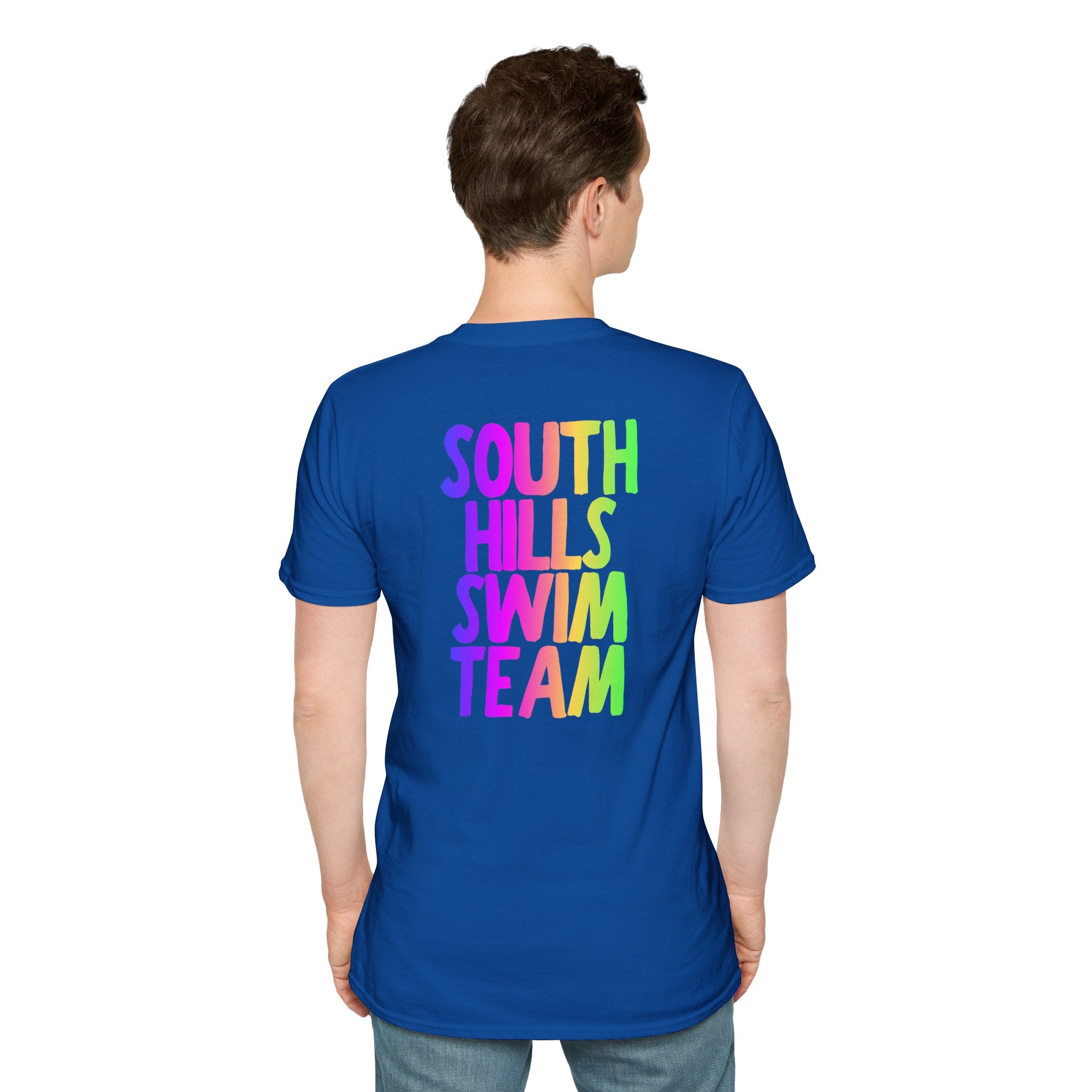Adult Unisex South Hills Swim Team Neon Rainbow Graphic Short Sleeve Gildan Softstyle Tee