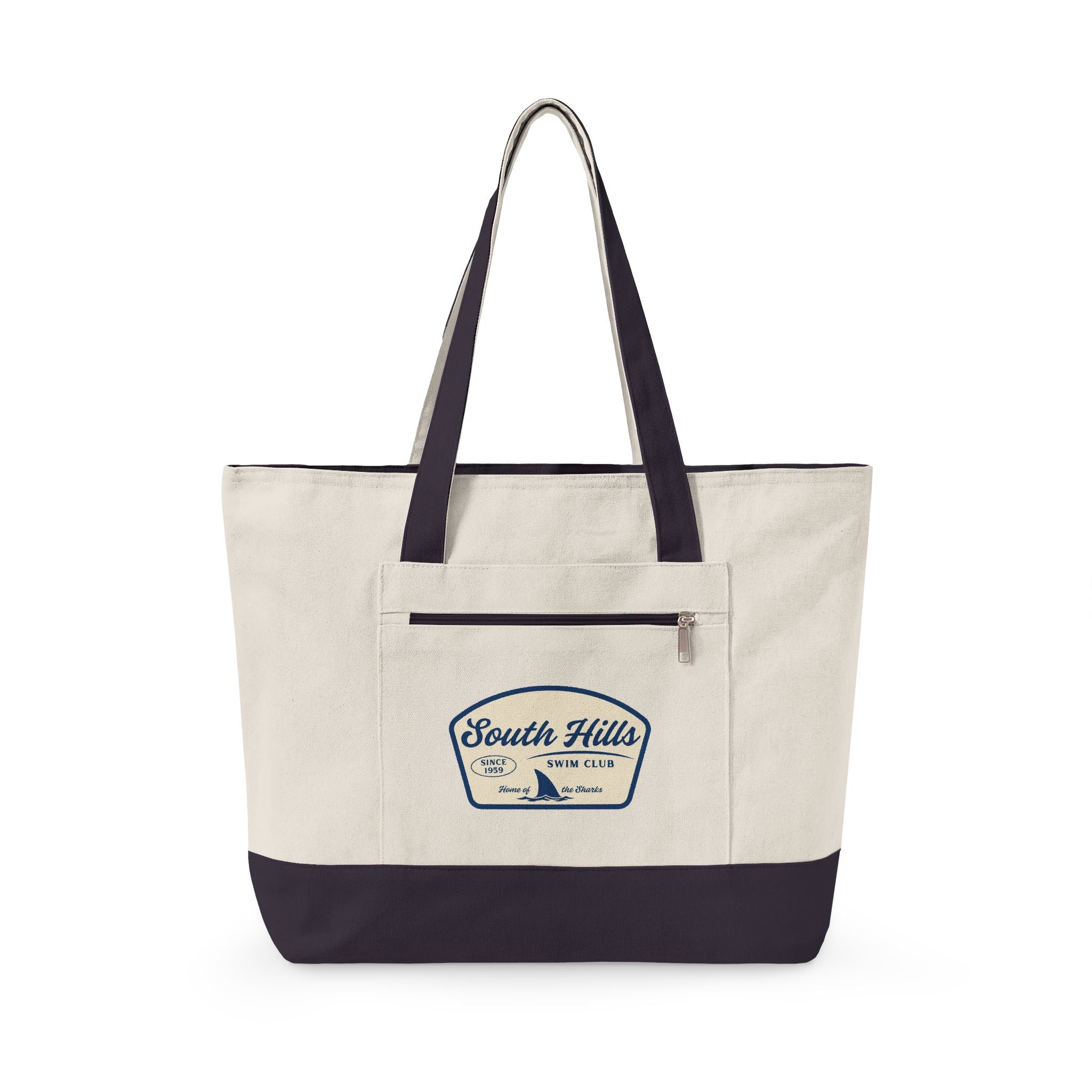 South Hills Swim Club Home of the Sharks Graphic Large Zippered Canvas Tote